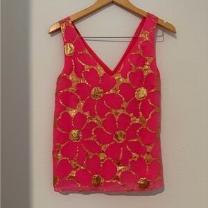 Lilly Pulitzer Silk Tank Top Gold Floral XS Cipriani v neck